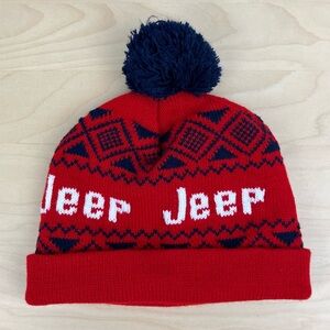 JEEP Winter Beanie Pom Hat Red White & Blue Logo Made in USA